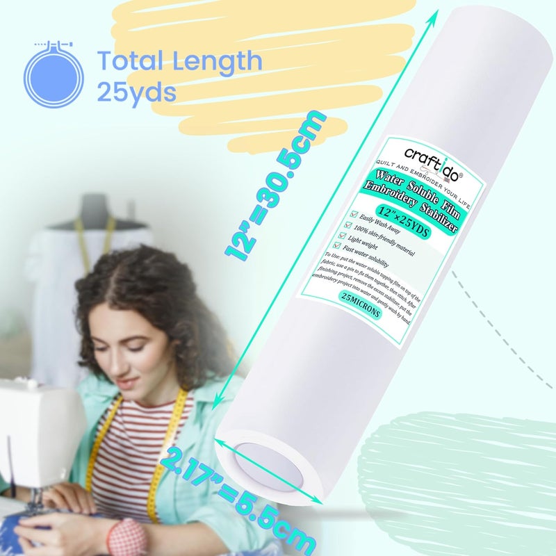 craftido Clear Wash Away/Water Soluble Embroidery Stabilizer Topping Film 12" x 25 Yd/roll Compatible with Most Hoops 25µm Light Weight for Machine Embroidery and Hand Sewing - Image 2